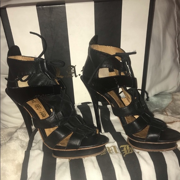 L.A.M.B. GWEN STEFANI JACO BLACK LEATHER STRAPPY PLATFORM HEELS 8.5 BRAZIL - Picture 5 of 17
